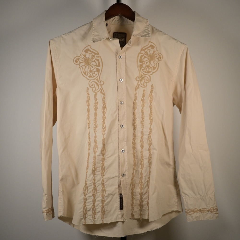 Roar Mens 2XL Tan Embroidered Button Down Western Rockabilly Shirt Raw Hem